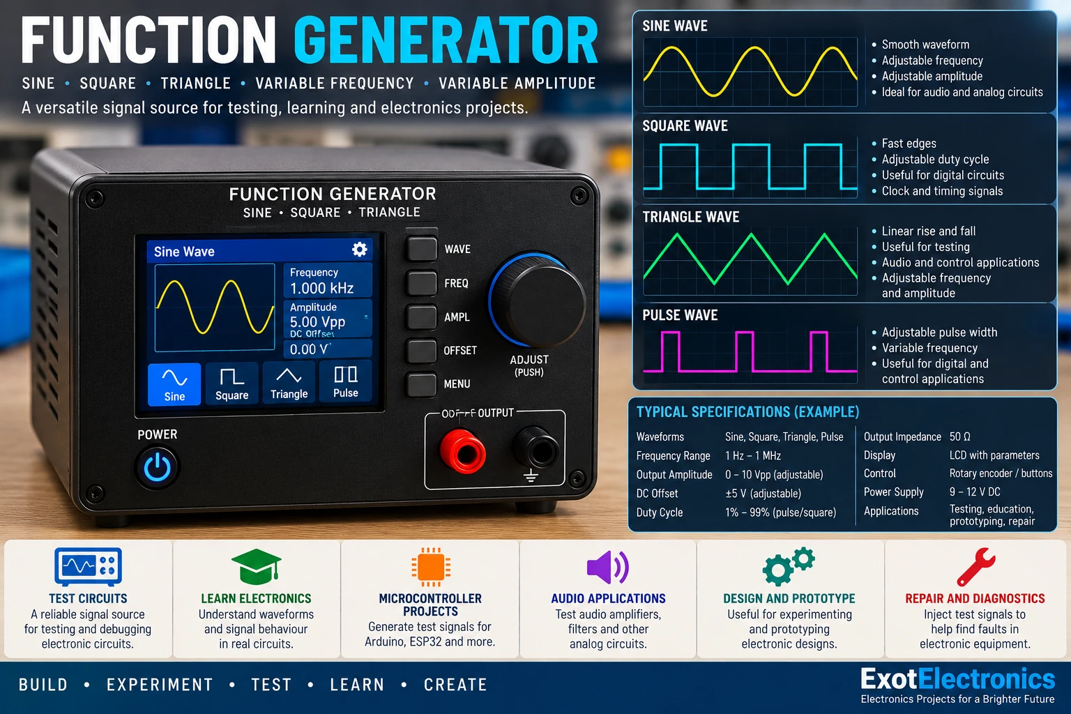 DIY function generator with sine, triangle and square wave outputs